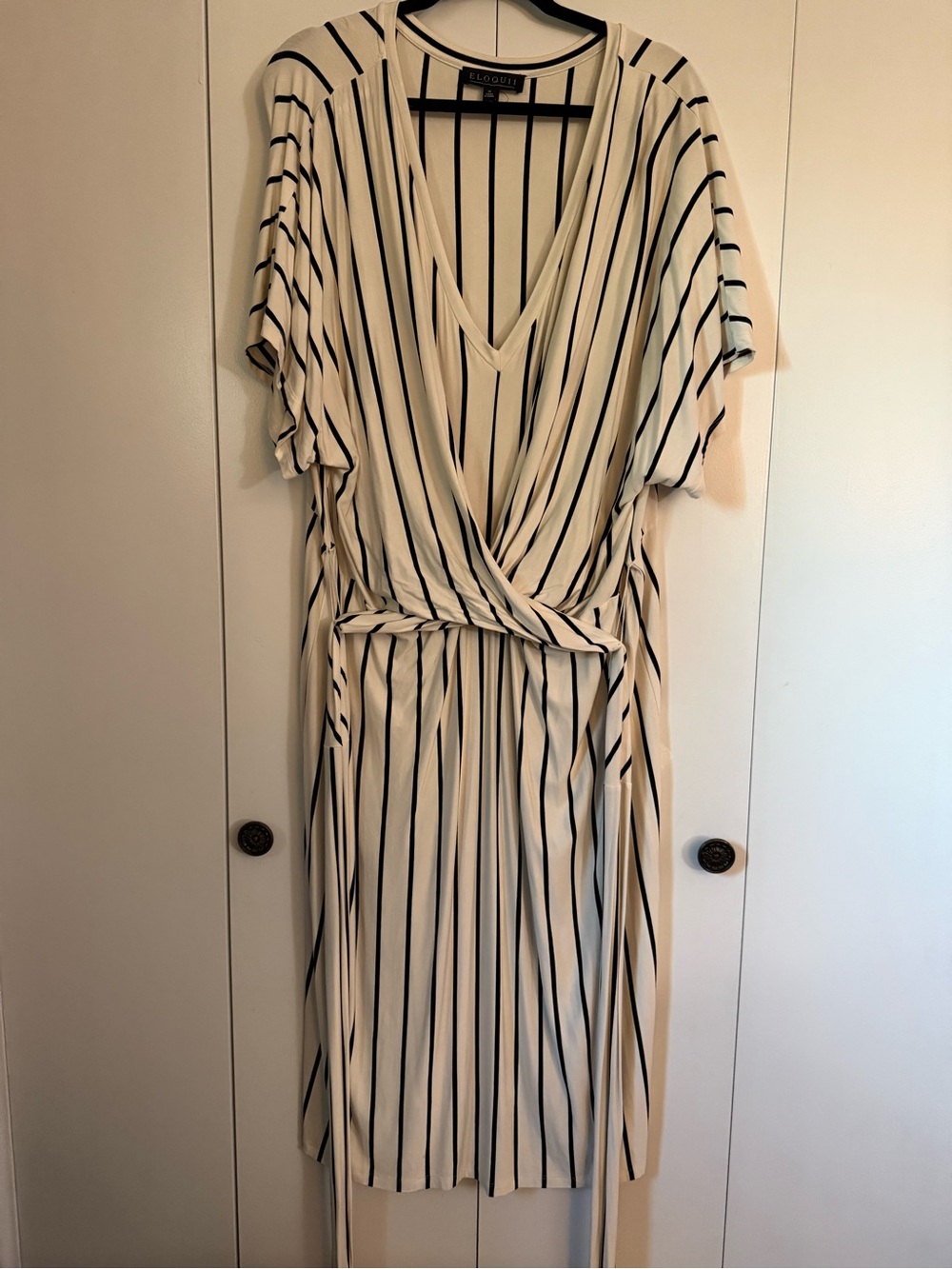 Eloquii Cream and Black Vertical-Stripe Wrap-Style Midi Dress